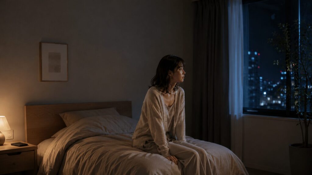 差し入れ後の彼氏の反応が薄く、不安を抱えながら夜の窓辺でスマホを伏せる女性のイラスト
