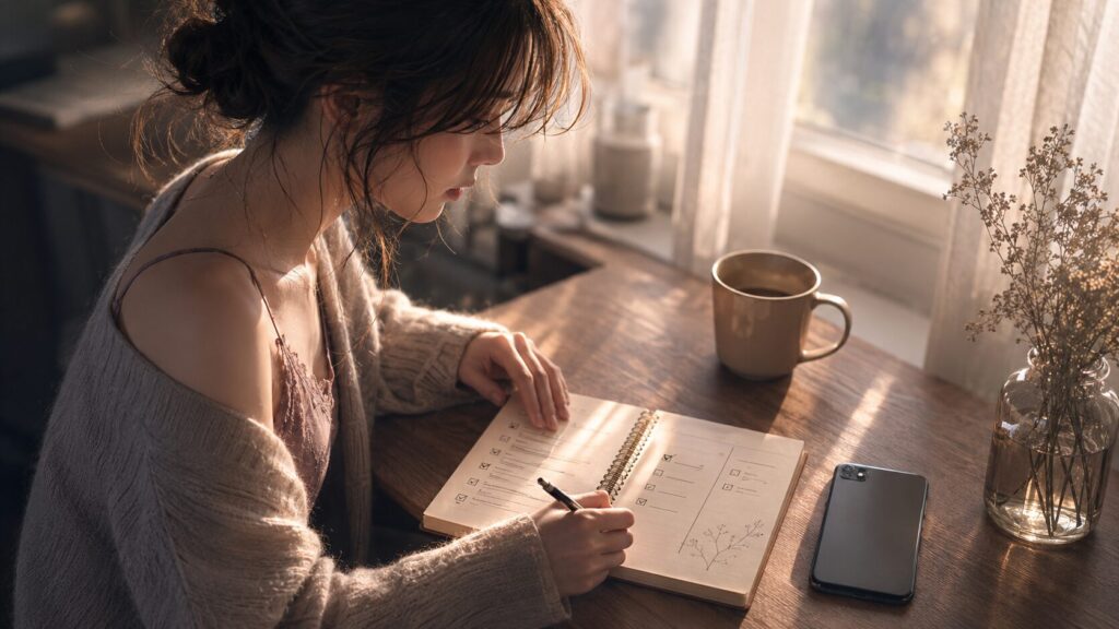 新しい出会いを探す前に、恋愛で大切にしたい基準をノートに書き出す女性のイラスト
