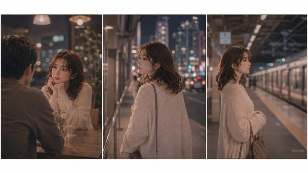 片思い、付き合う前、復縁でピグマリオン効果の使い方が変わることを示す女性の3場面イラスト