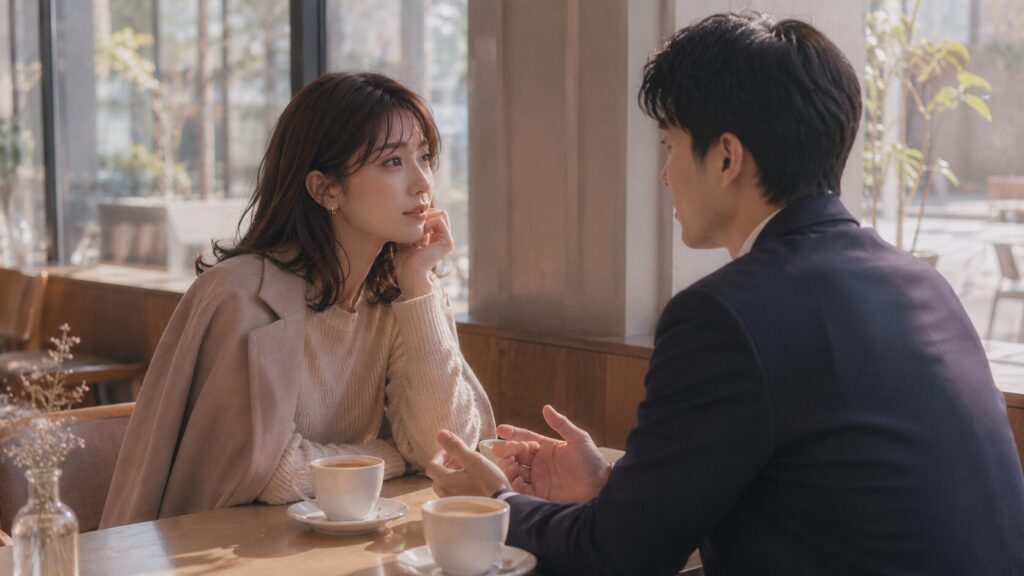 公務員男性とのカフェデートで、肩書きではなく会話や人柄を見ようとしている女性のイラスト