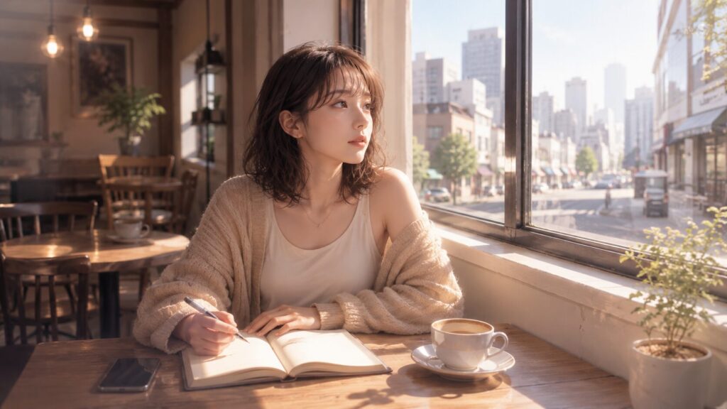 朝のカフェでノートを開き、新しい出会いや自分の恋愛基準を見直す女性