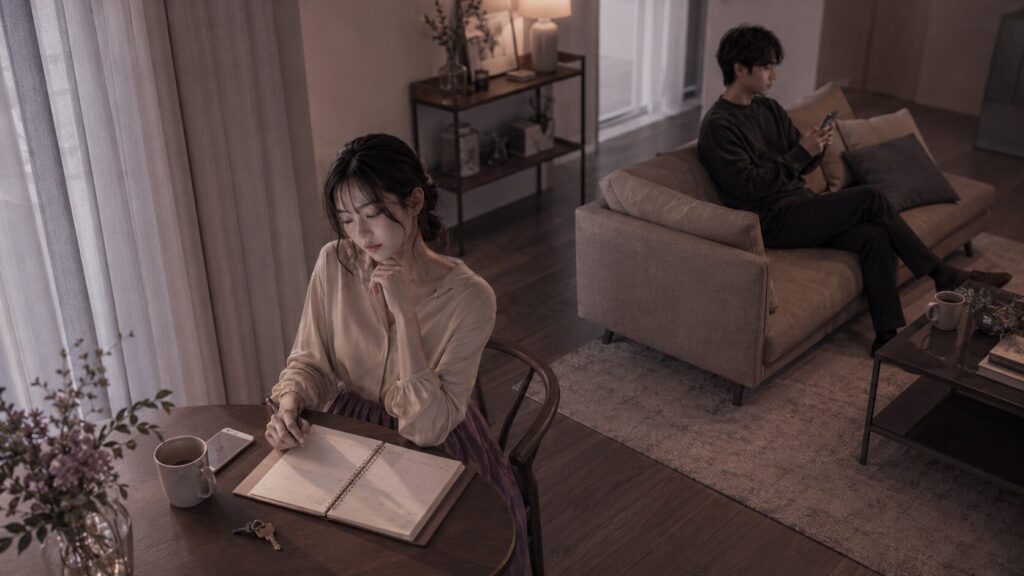 同じ部屋にいるのに会話がなく、スケジュール帳を前に彼氏との心の距離を感じている女性