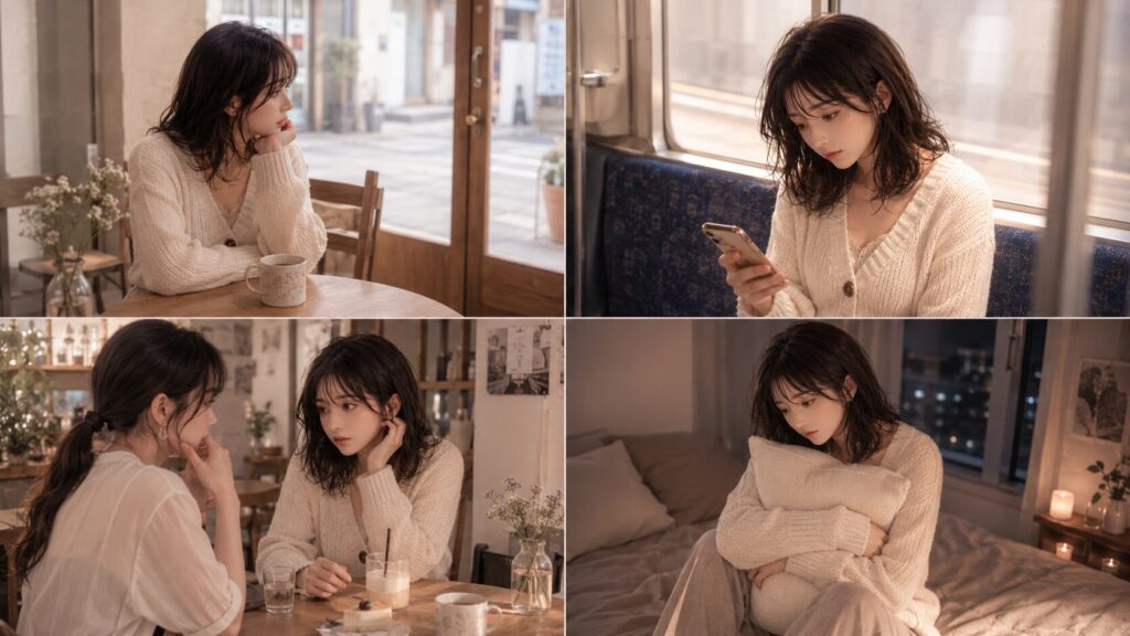 彼氏を待つカフェ、既読無視のスマホ、友人への相談、夜の部屋での不安を描いた恋愛の認知的不協和の場面