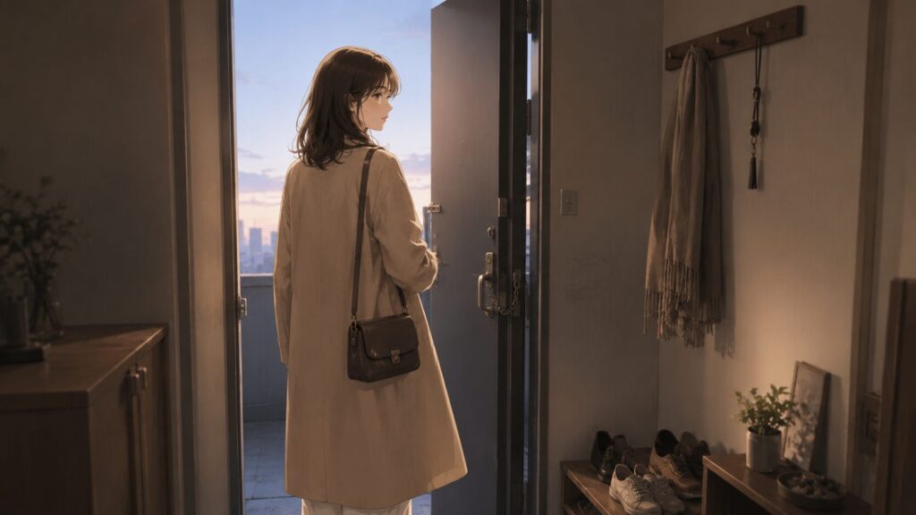 我慢し続ける恋から距離を置くため、朝の玄関で外へ出ようとする女性のイラスト