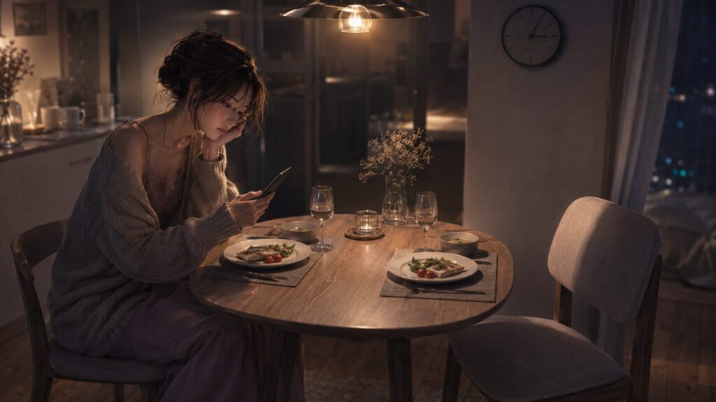 二人分の食事を用意したまま、彼氏からの連絡を待つ女性の不安そうなイラスト