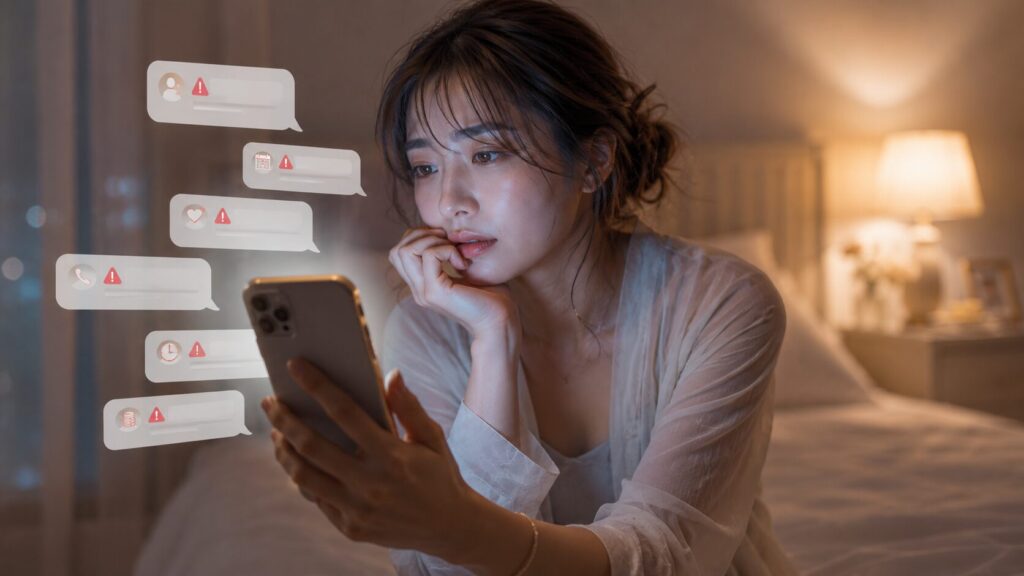 初回メッセージで急な誘いや外部連絡先への誘導に不安を感じる女性