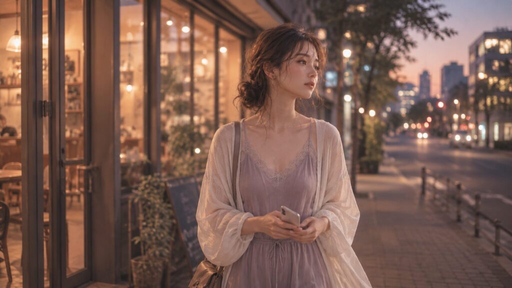 別れを考え始めた女性が、夕暮れの街を歩きながら新しい出会いという選択肢を見つめるイラスト