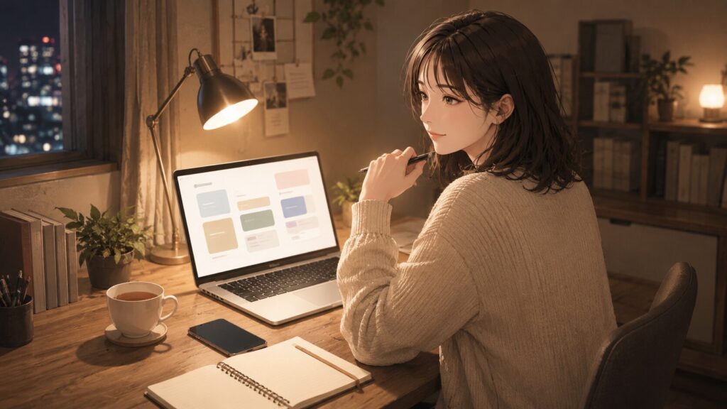 彼氏との距離感に悩んだ後、関連記事や相談先を探しながら次の行動を選ぶ女性のイラスト