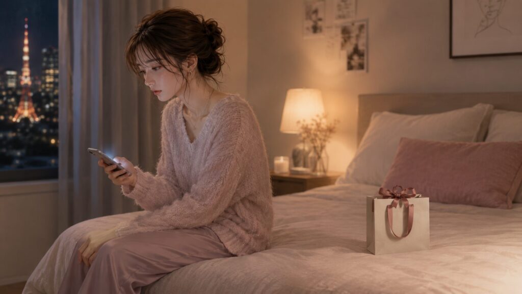 彼氏に重いと言われた後、夜のベッドでスマホとプレゼント袋を前に静かに考え込む女性のイラスト