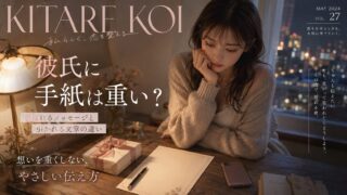 彼氏に手紙を書くか迷いながら、夜の部屋で便箋とスマホを見つめる女性のイラスト