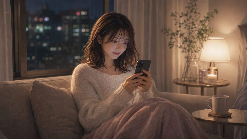 彼氏に責めずに期待を伝えるLINEを送る前に、言葉を選びながらスマホを見つめる女性