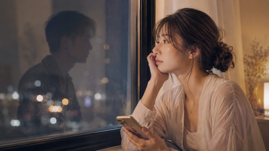 スマホのメッセージだけで相手を理想化していないか冷静に考える女性