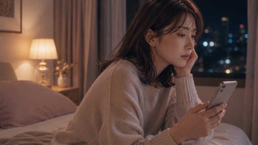 公務員彼氏からの連絡が少なく、不安になりながら夜のベッドでスマホを見つめる女性のイラスト
