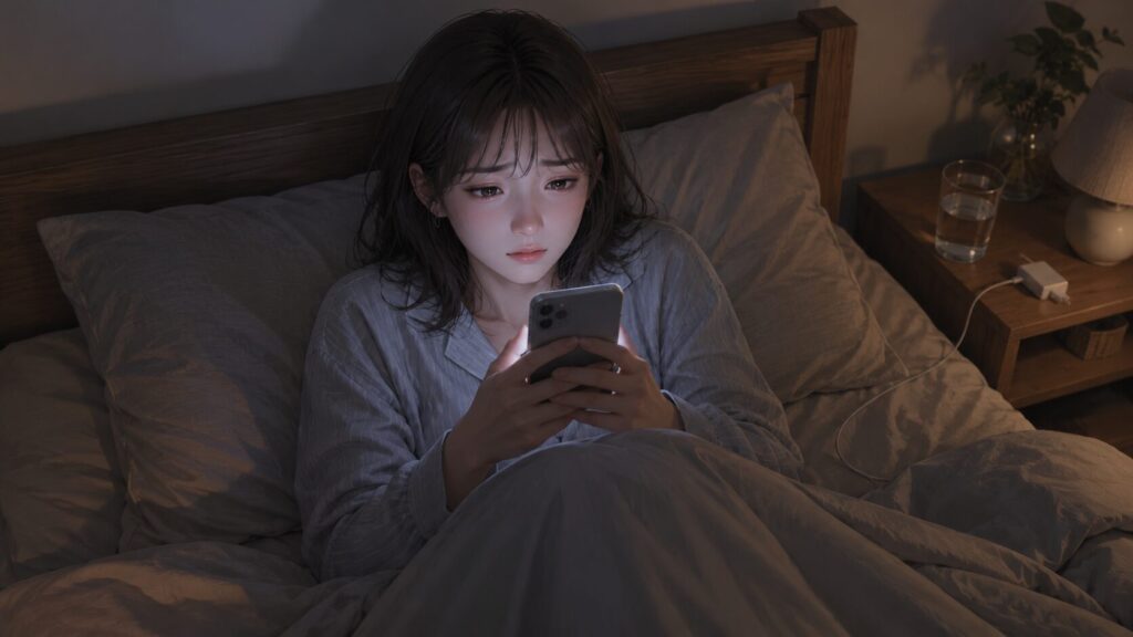 彼氏からの返信を待ちながら夜のベッドでスマホを見つめ、不安を感じている女性のイラスト