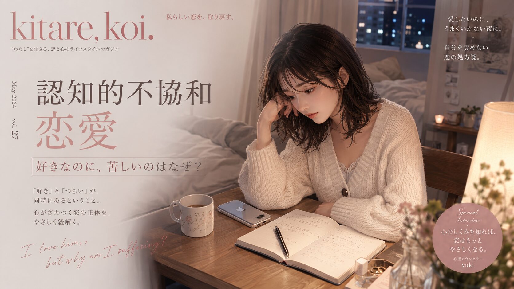 認知的不協和の恋愛に悩み、夜の部屋でスマホとノートを前に静かに考え込む女性
