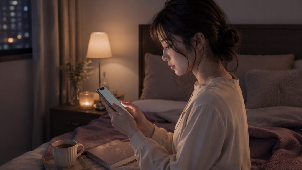 付き合っているのに寂しい気持ちを重くならない言葉で伝えるため、夜のベッドでLINEを下書きしている女性