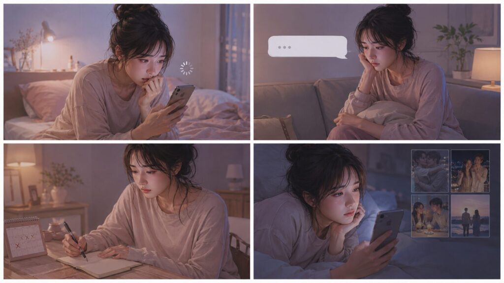 返信待ちやSNS比較、自己犠牲によって恋愛中に自己肯定感が下がる女性心理を描いた4コマ風イラスト