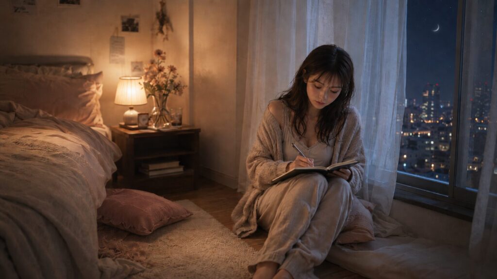 彼氏に手紙を書く前に、夜の部屋でノートに自分の不安を書き出す女性のイラスト