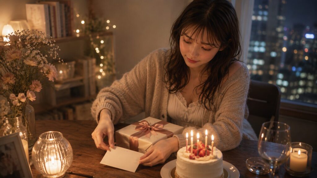 彼氏の誕生日プレゼントにメッセージカードを添える女性のやさしいイラスト
