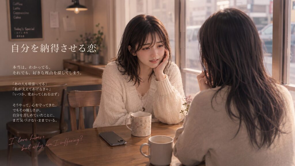カフェで友人に彼氏のことを相談しながら、無理に笑って彼をかばう女性