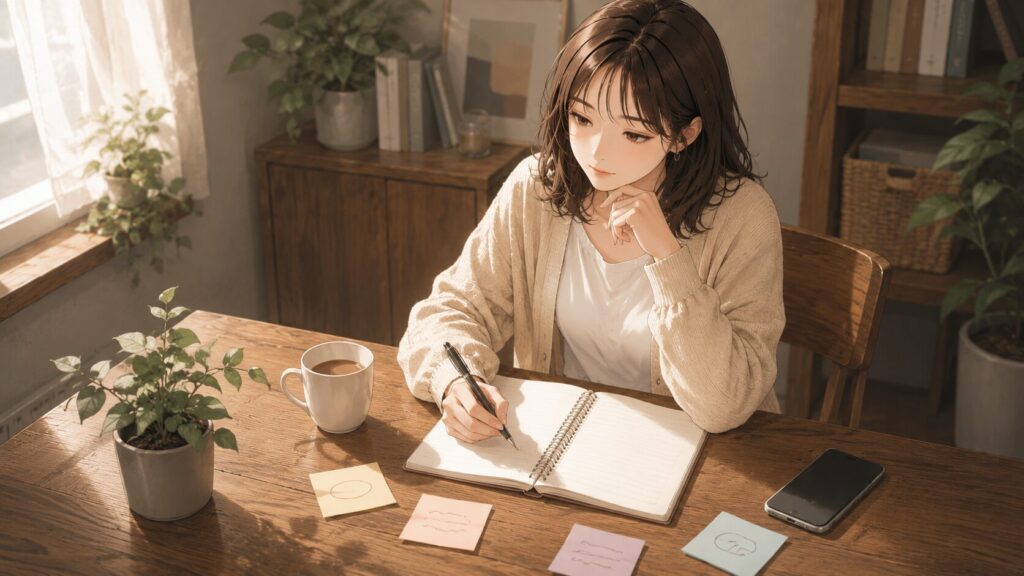 愛着理論をヒントに、彼氏との距離感で不安になる理由をノートに整理する女性のイラスト