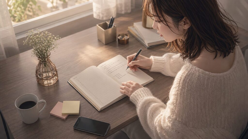 ピグマリオン効果を恋愛で使うために、彼への期待を具体的な行動としてノートに整理する女性