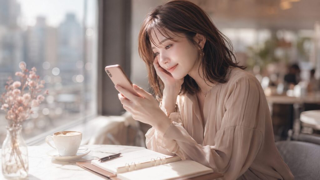 恋愛初期の高揚感でスマホのメッセージに意識を奪われ、幸せと不安の間で揺れる女性