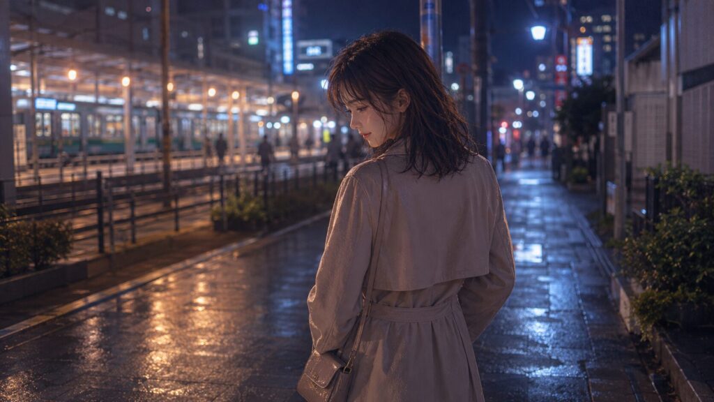 初デート後の雨上がりの街で、運命感と現実の違いを考えながら歩く女性