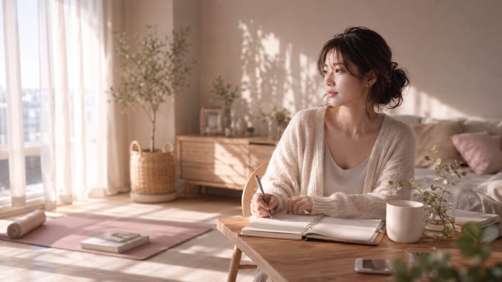 恋愛初期の不安に振り回されないために、スマホから距離を置き朝の予定を手帳に書く女性