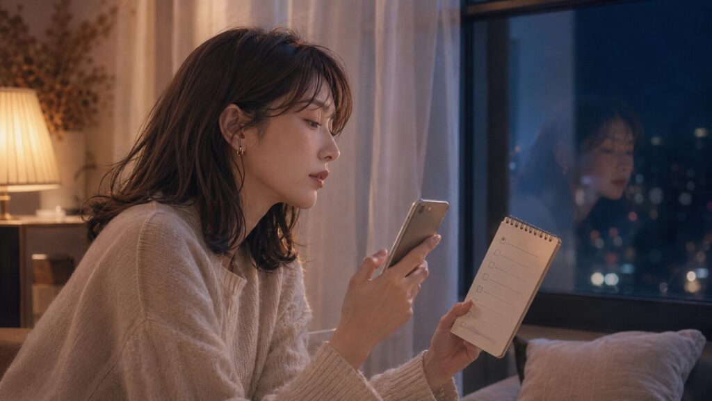 公務員という肩書きだけで恋愛相手を選んでよいのか、スマホとメモを見比べながら考える女性の横顔