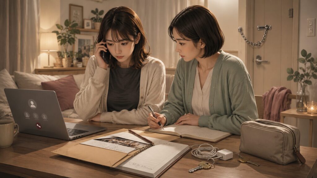 監視や威圧への不安がある女性が、安全な友人宅で記録を整理し相談先へ連絡する様子