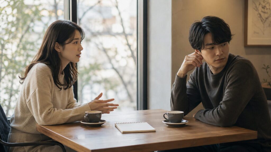会う頻度が合わない恋人同士がカフェで向き合い、話し合えるかどうかの分岐点に立っている場面