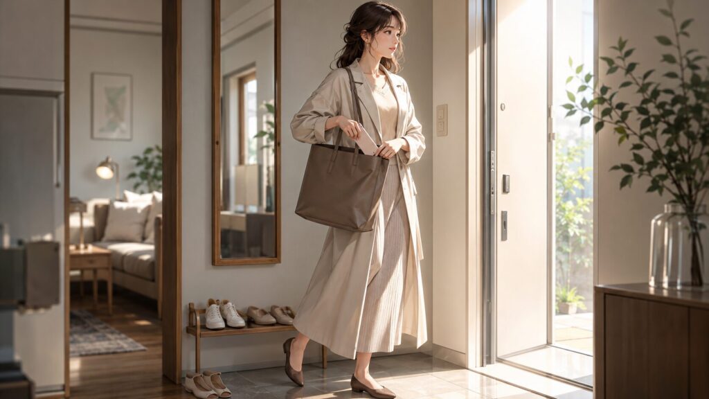 今の恋を整理したあと、自分に必要な次の行動へ進もうと朝の玄関に立つ女性