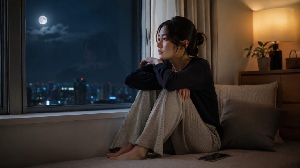 会う頻度が合わない彼氏に寂しさを感じ、自分が重いのではないかと夜の窓辺で悩む女性