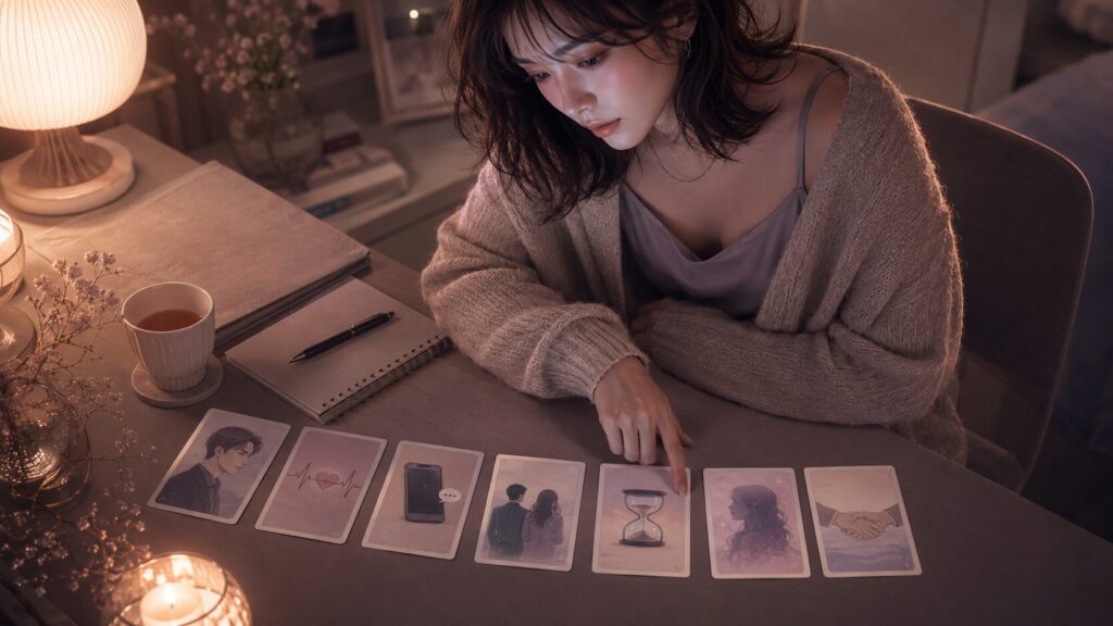 恋愛錯覚の7タイプを象徴するカードを見ながら、自分の恋愛パターンに気づく女性のイラスト