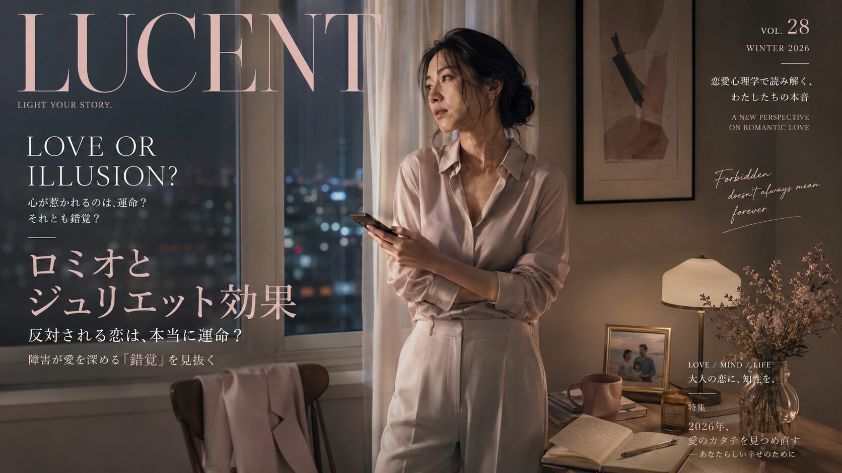 ロミオとジュリエット効果で反対される恋に迷い、夜の部屋でスマホを見つめる女性のイラスト