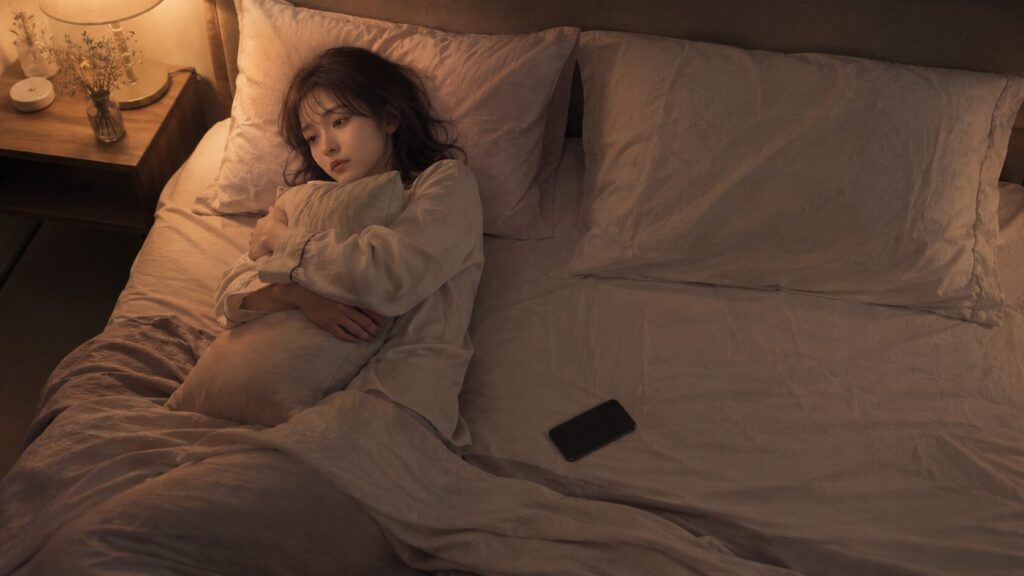 彼氏に触れてもらえない寂しさから、夜のベッドで枕を抱えて眠れずにいる女性のイラスト