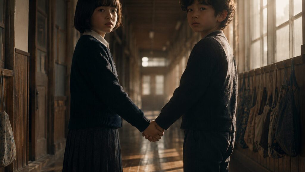放課後の小学校で、孤独を抱えた少女が少年の手をそっと握る『1Q84』の原点を表す場面