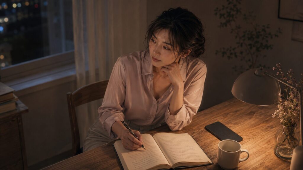 心理的リアクタンスに気づくために、スマホから距離を置いて自分の気持ちを書き出す女性のイラスト