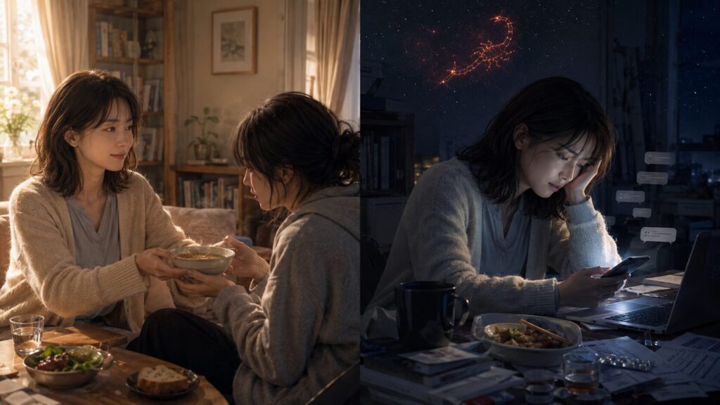 さそりの火を背景に、健全な支え合いと自分を壊す自己犠牲を現代女性の生活で対比したイラスト