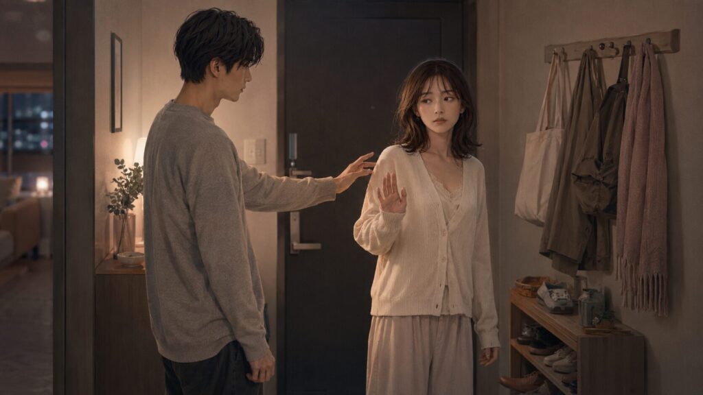 彼氏に触れられることがしんどいと感じ、静かに距離を取って境界線を示す女性のイラスト