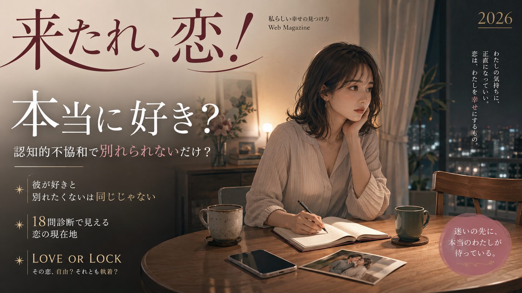 彼氏を本当に好きかわからず、夜の部屋でスマートフォンと写真を前に考え込む女性