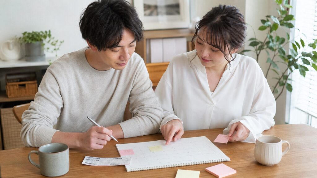 会う頻度のすり合わせとしてカレンダーや付箋を使い、彼氏と現実的な予定を調整する女性