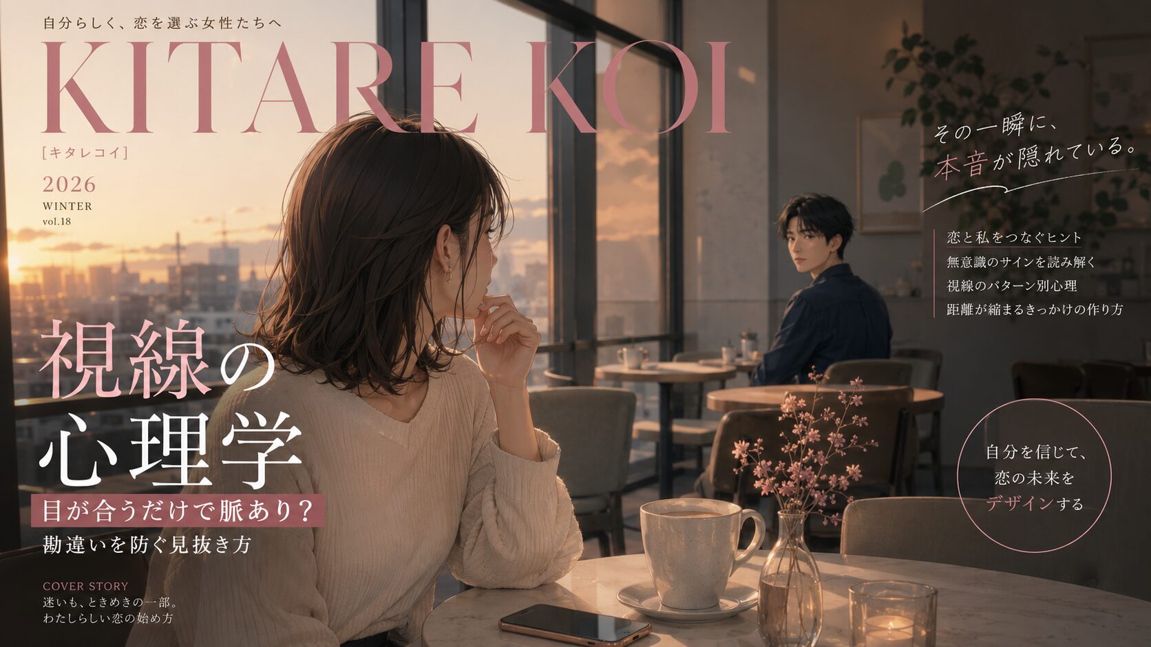 カフェの離れた席で目が合い、相手の恋愛心理を考える女性