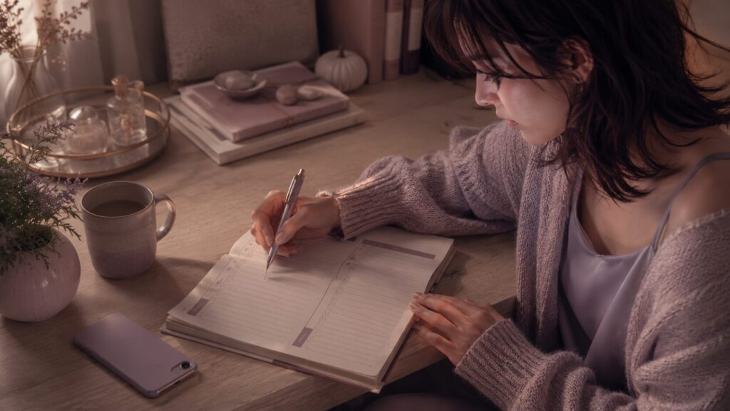 恋愛錯覚から抜けるために、好きなところと実際の行動をノートに書き分ける女性のイラスト