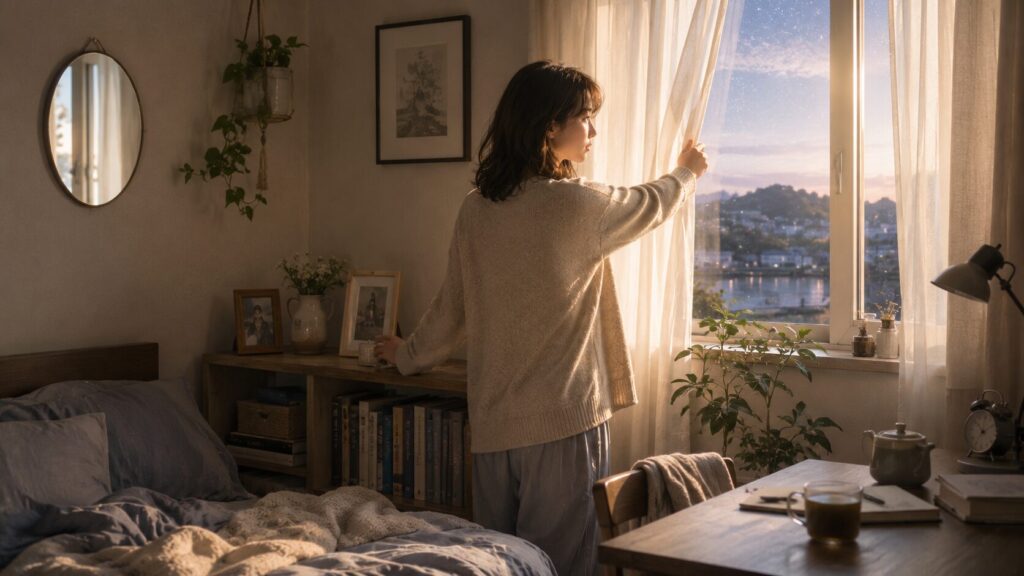 思い出の品を棚に残したままカーテンを開き、新しい朝を迎える女性