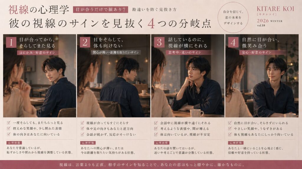 目を逸らす、見返す、考えながら横を見る男性心理を比較した4コマ