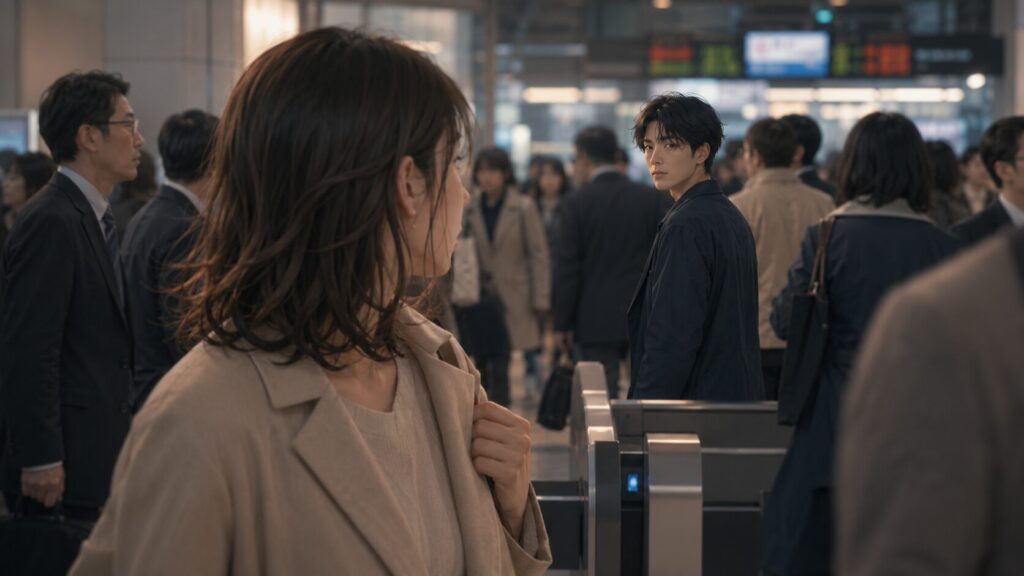 人混みの中で自分に向けられた男性の視線に気づく女性