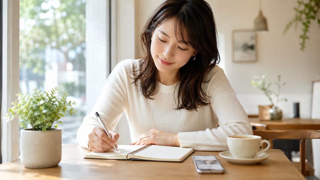 会う頻度が合わない恋が変わらず、新しい出会いも視野に入れながら自分に合う恋愛の基準をノートに整理する女性