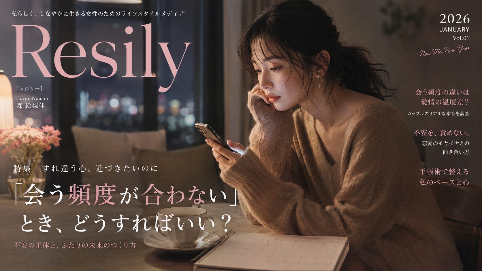 会う頻度が合わない彼氏との関係に寂しさを感じ、夜の部屋でスマホとカレンダーを見つめる女性